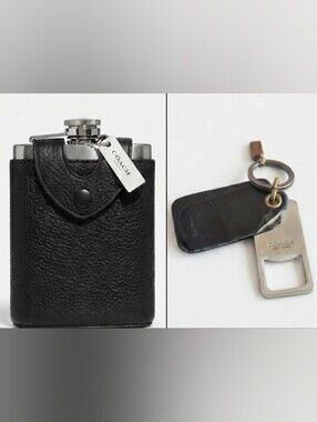 Coach Leather Stainless Steel Flask 6 Oz + Leather Key Chain/bottle Opener